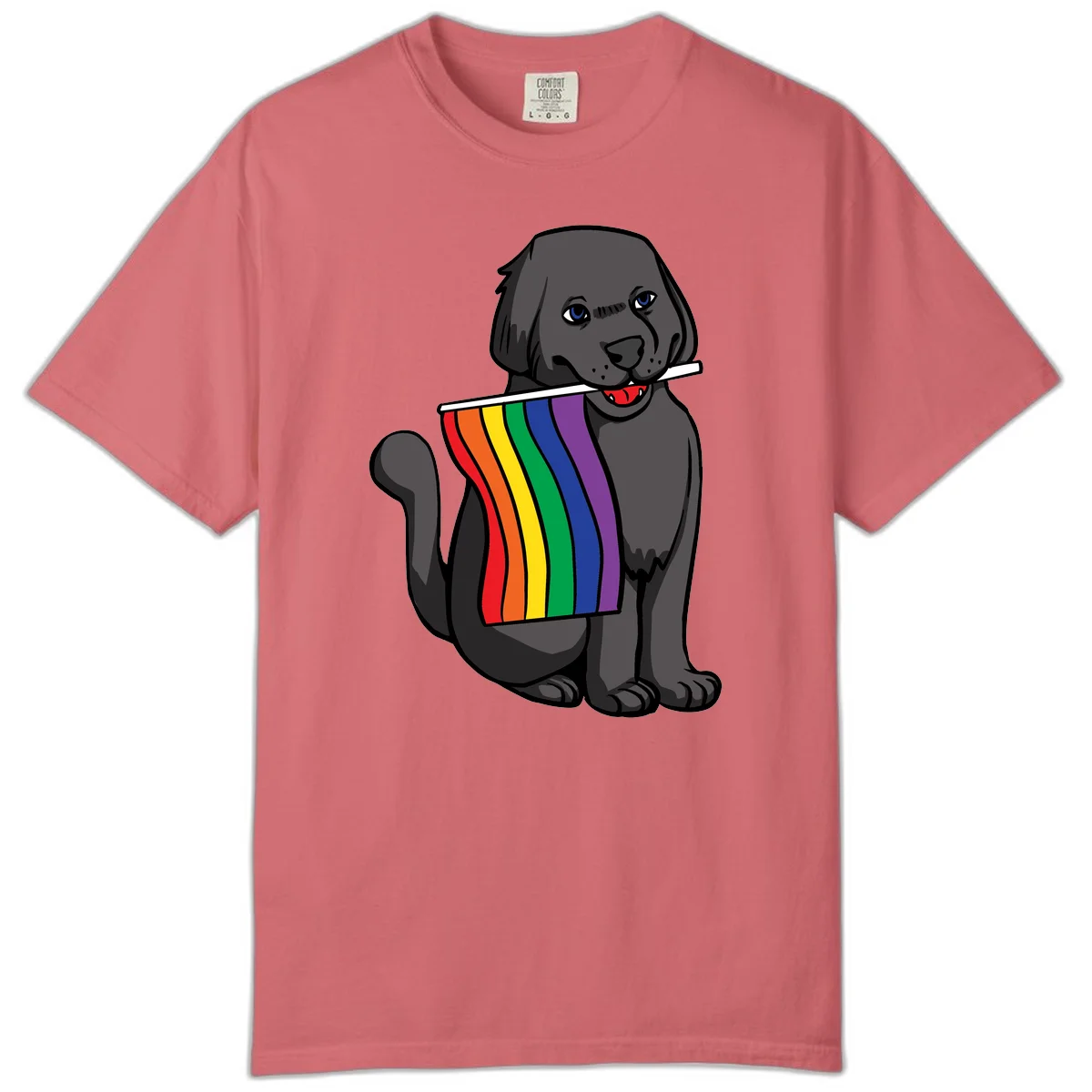 Illustration of a happy gray dog with blue eyes holding a rainbow pride flag in its mouth against a gray background in Watermelon
