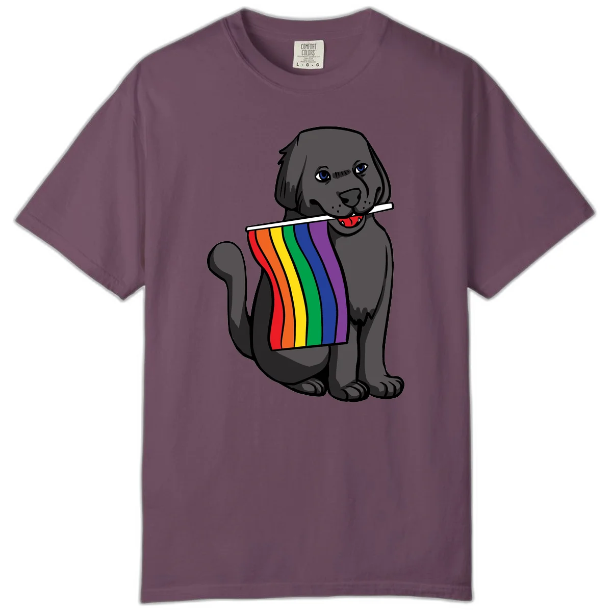 Illustration of a happy gray dog with blue eyes holding a rainbow pride flag in its mouth against a gray background in Berry
