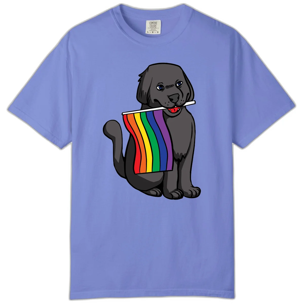 Illustration of a happy gray dog with blue eyes holding a rainbow pride flag in its mouth against a gray background in Flo Blue