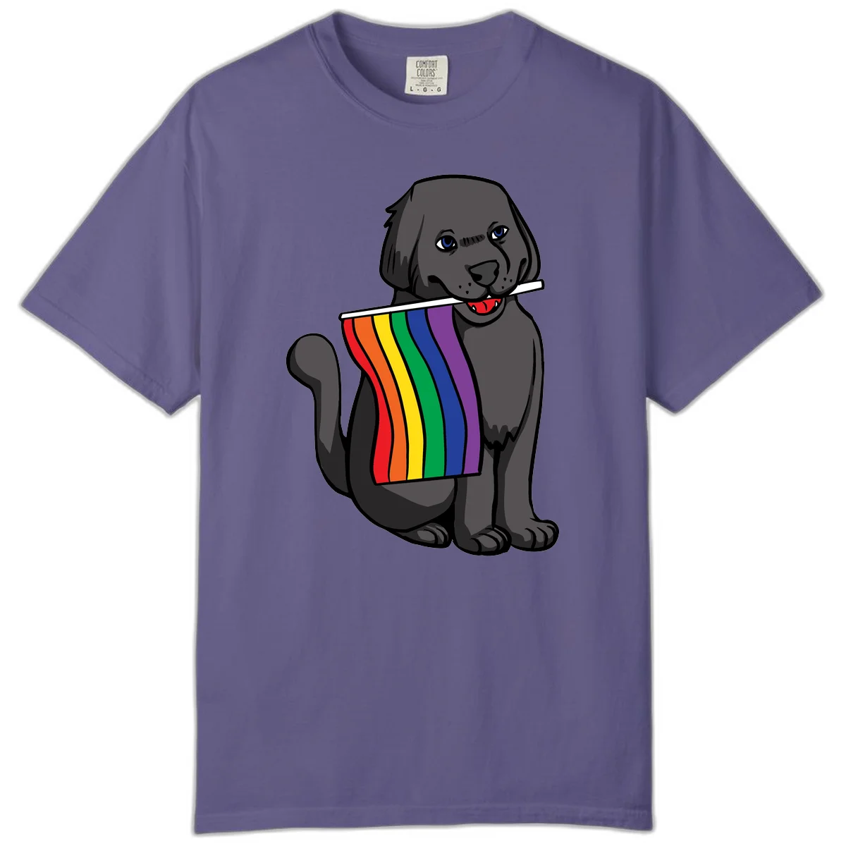 Illustration of a happy gray dog with blue eyes holding a rainbow pride flag in its mouth against a gray background in Grape