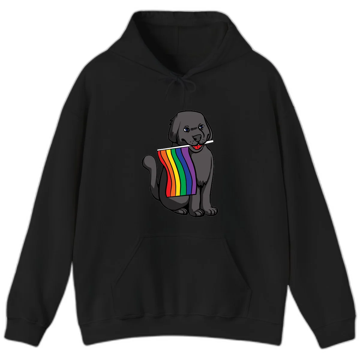 Illustration of a happy gray dog with blue eyes holding a rainbow pride flag in its mouth against a gray background in Black