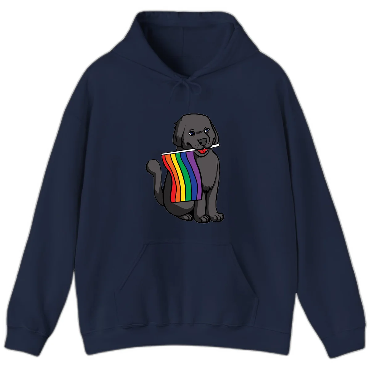 Illustration of a happy gray dog with blue eyes holding a rainbow pride flag in its mouth against a gray background in Navy