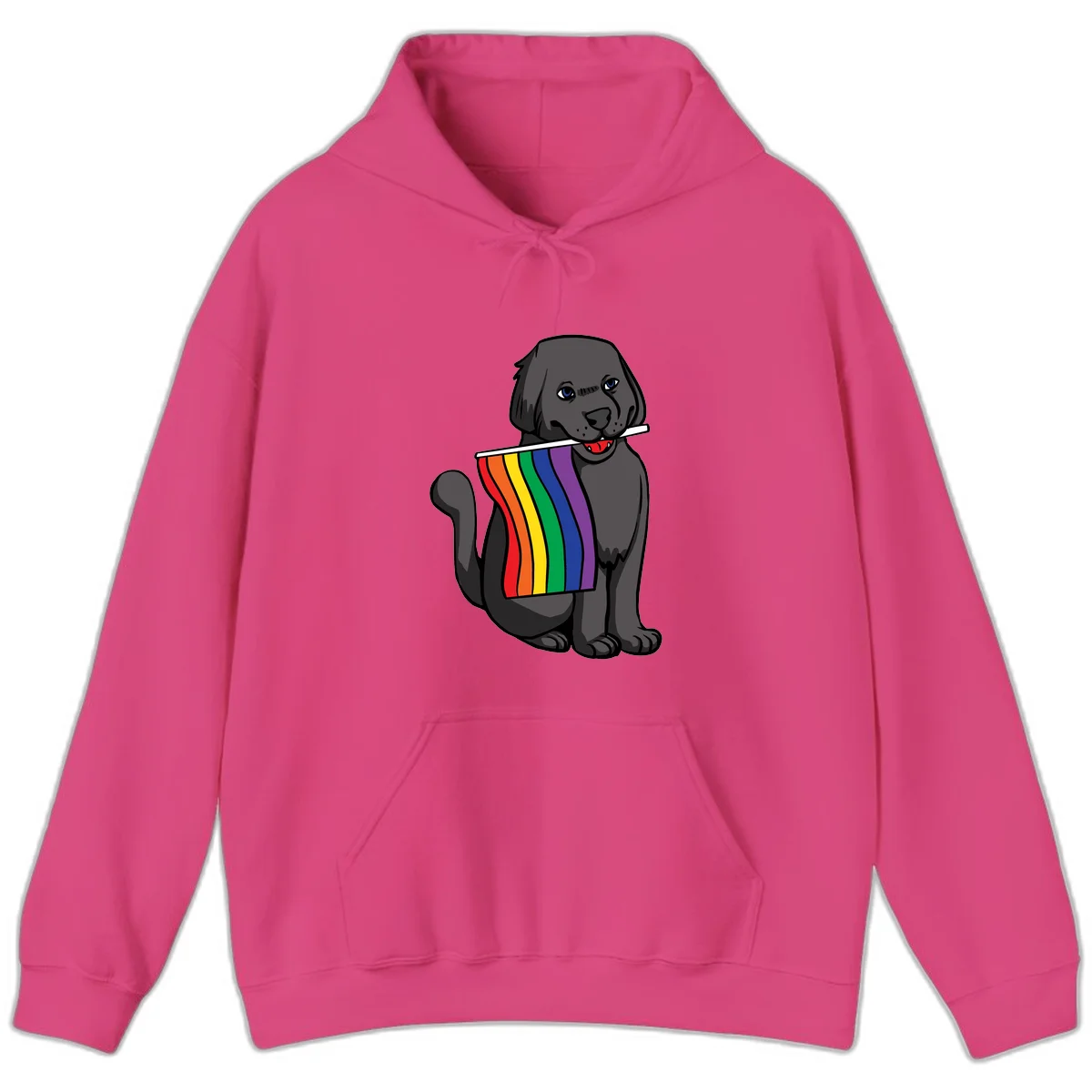 Illustration of a happy gray dog with blue eyes holding a rainbow pride flag in its mouth against a gray background in Heliconia