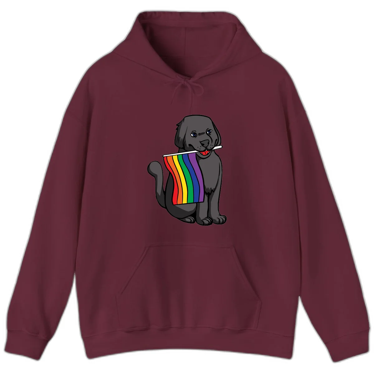 Illustration of a happy gray dog with blue eyes holding a rainbow pride flag in its mouth against a gray background in Maroon