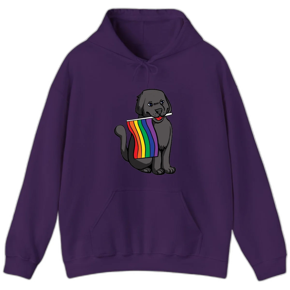 Illustration of a happy gray dog with blue eyes holding a rainbow pride flag in its mouth against a gray background in Purple