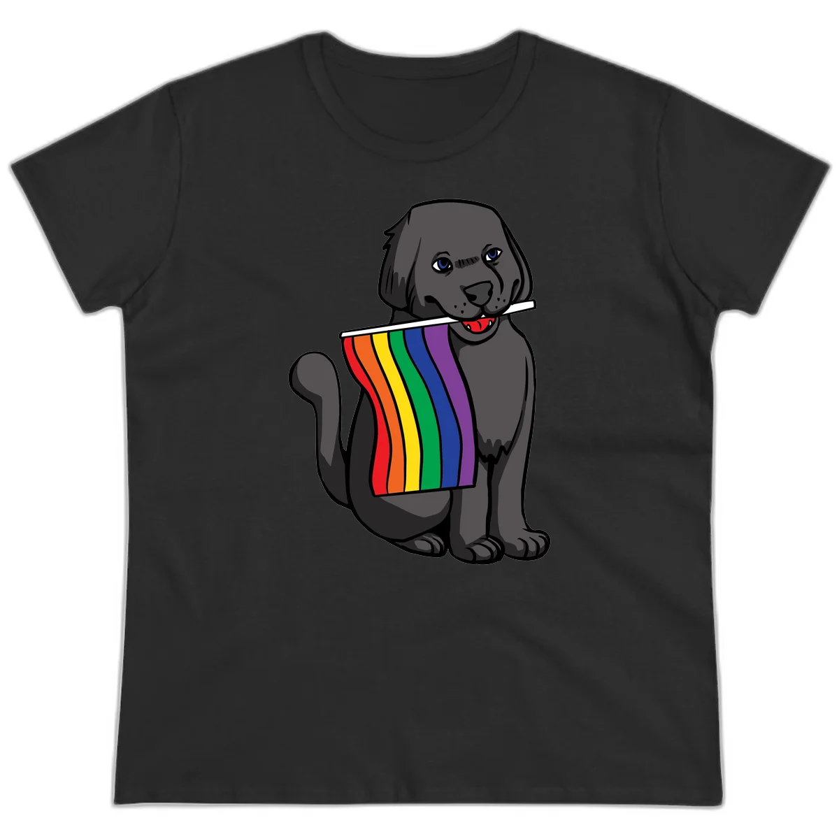 Illustration of a happy gray dog with blue eyes holding a rainbow pride flag in its mouth against a gray background in Black