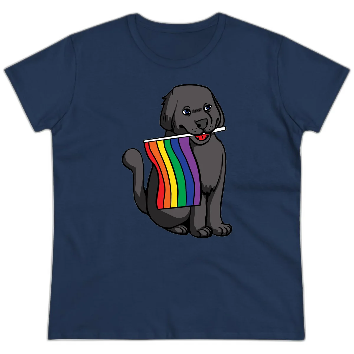 Illustration of a happy gray dog with blue eyes holding a rainbow pride flag in its mouth against a gray background in Navy