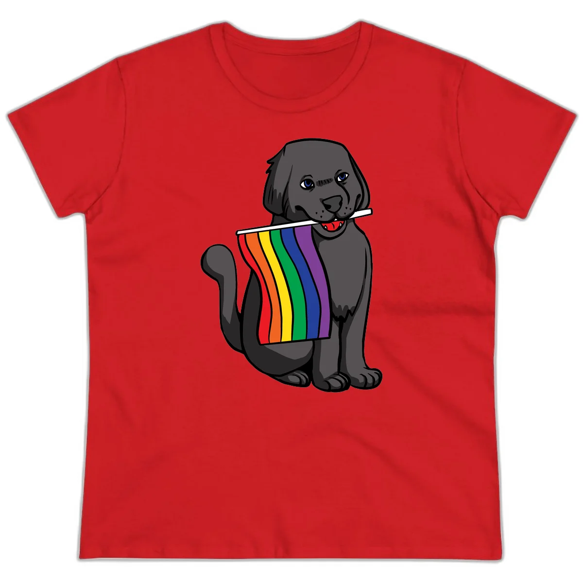 Illustration of a happy gray dog with blue eyes holding a rainbow pride flag in its mouth against a gray background in Red