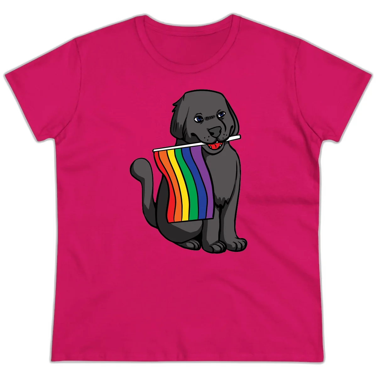 Illustration of a happy gray dog with blue eyes holding a rainbow pride flag in its mouth against a gray background in Heliconia