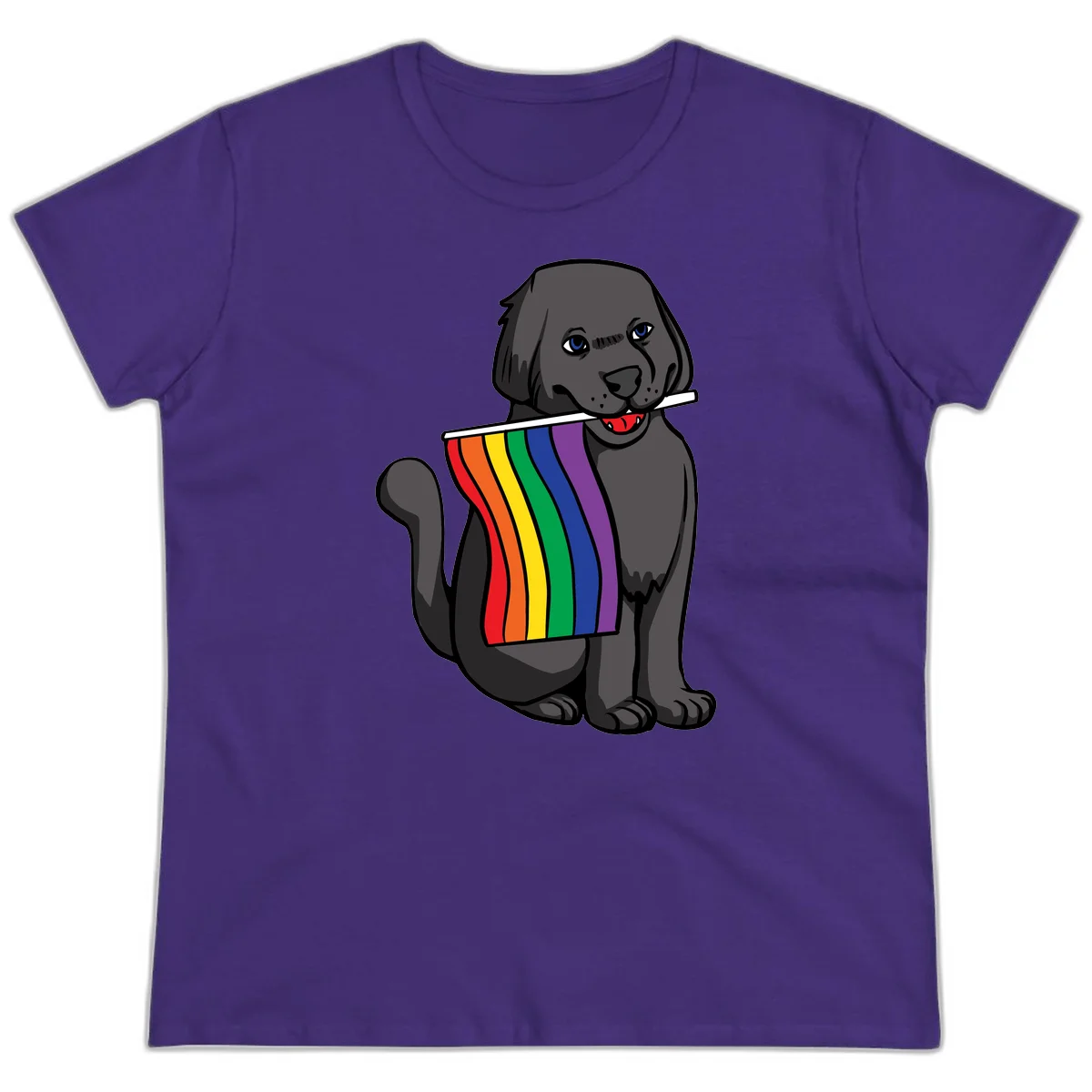 Illustration of a happy gray dog with blue eyes holding a rainbow pride flag in its mouth against a gray background in Purple