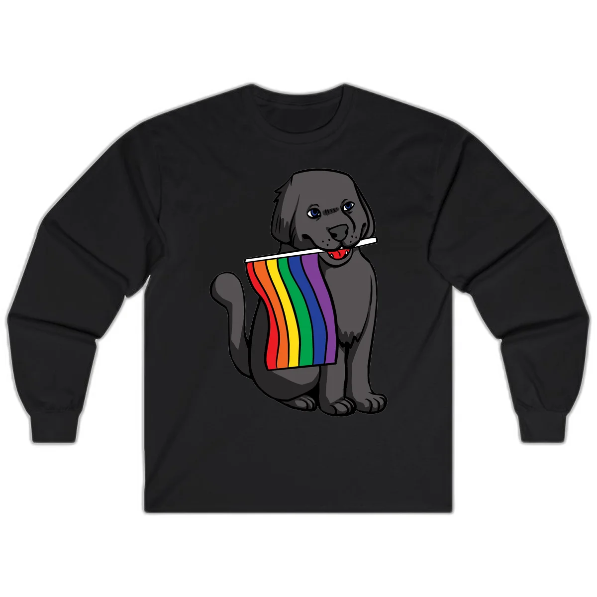 Illustration of a happy gray dog with blue eyes holding a rainbow pride flag in its mouth against a gray background in Black