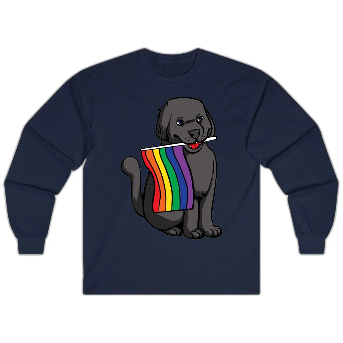 Illustration of a happy gray dog with blue eyes holding a rainbow pride flag in its mouth against a gray background in Navy
