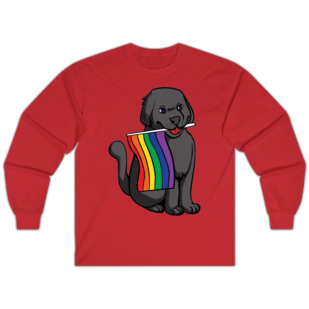 Illustration of a happy gray dog with blue eyes holding a rainbow pride flag in its mouth against a gray background in Red