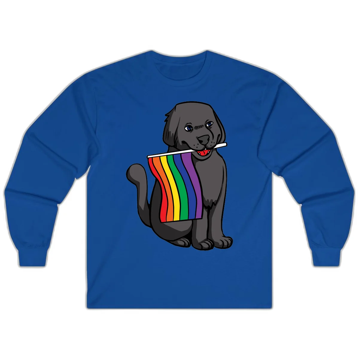 Illustration of a happy gray dog with blue eyes holding a rainbow pride flag in its mouth against a gray background in Royal