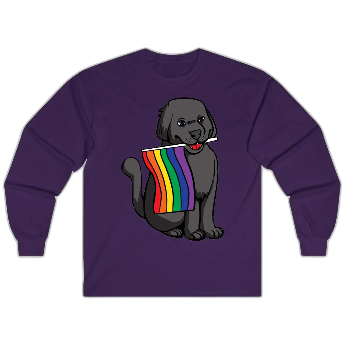 Illustration of a happy gray dog with blue eyes holding a rainbow pride flag in its mouth against a gray background in Purple
