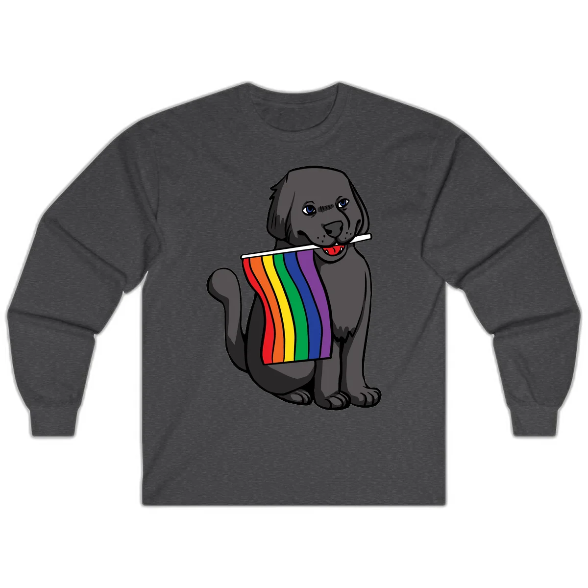 Illustration of a happy gray dog with blue eyes holding a rainbow pride flag in its mouth against a gray background in Dark Heather