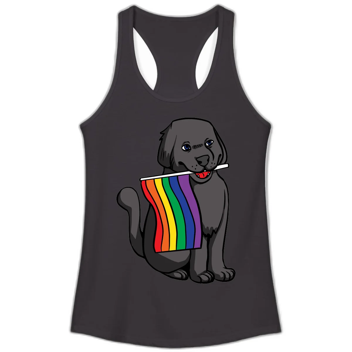 Illustration of a happy gray dog with blue eyes holding a rainbow pride flag in its mouth against a gray background in Black