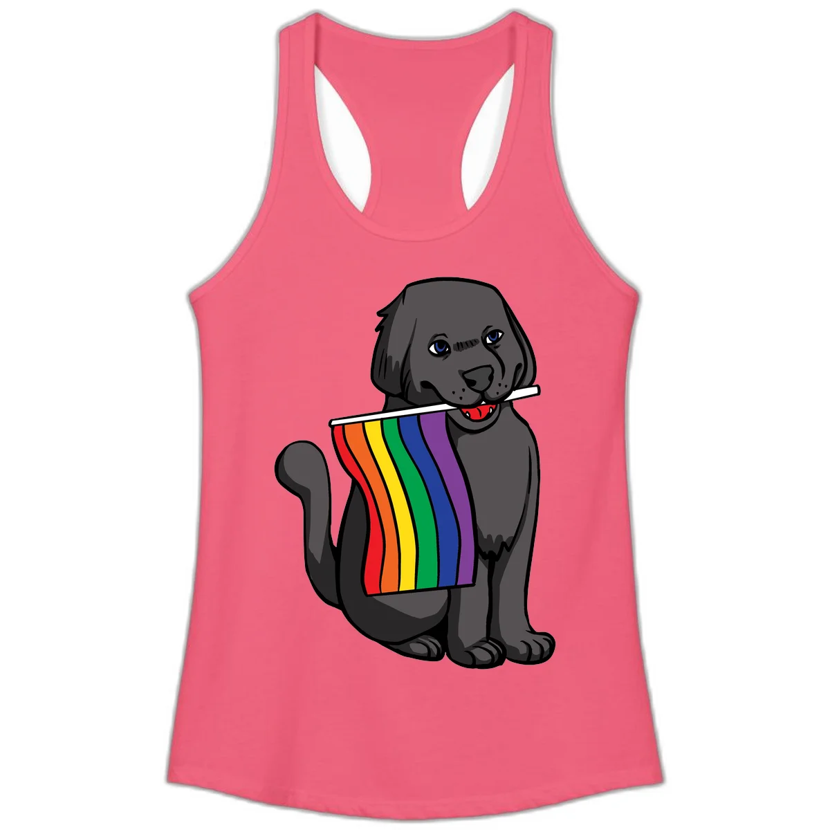 Illustration of a happy gray dog with blue eyes holding a rainbow pride flag in its mouth against a gray background in Hot Pink