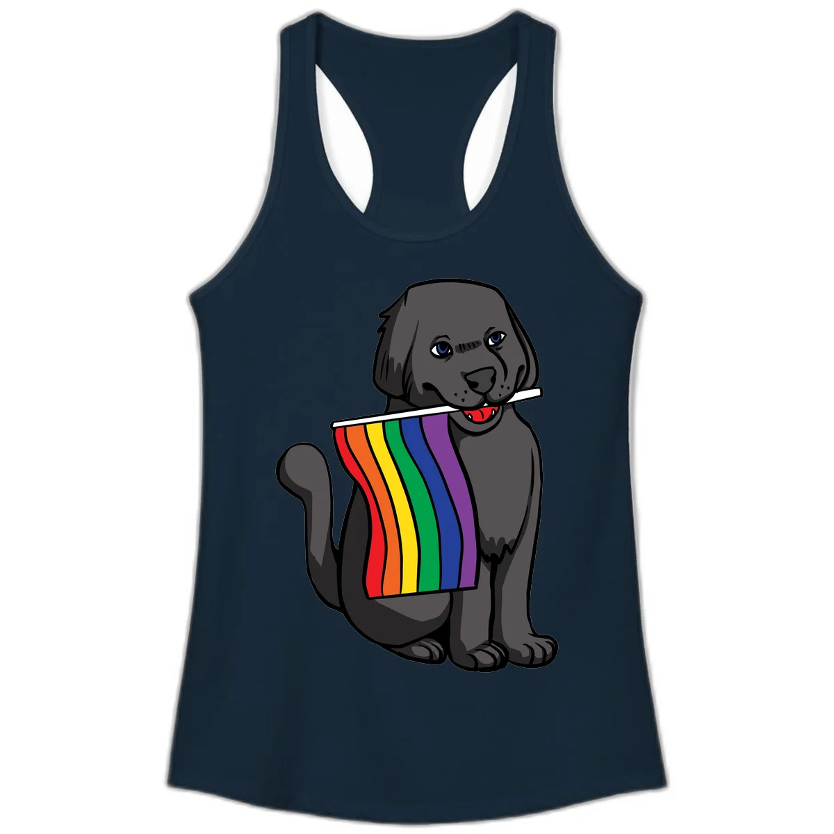 Illustration of a happy gray dog with blue eyes holding a rainbow pride flag in its mouth against a gray background in Solid Midnight Navy