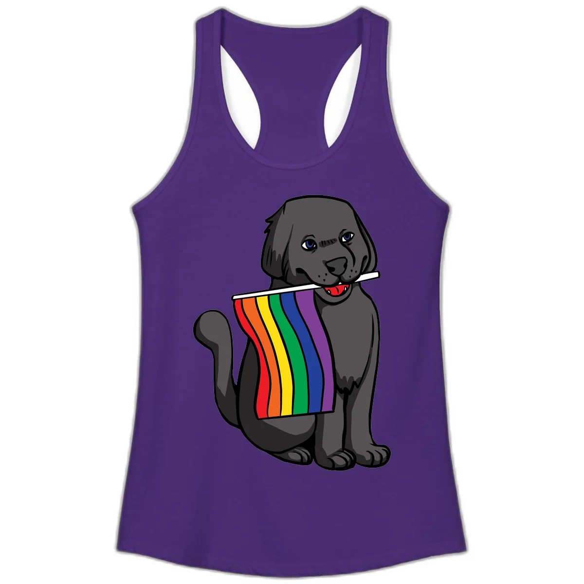 Illustration of a happy gray dog with blue eyes holding a rainbow pride flag in its mouth against a gray background in Solid Purple Rush