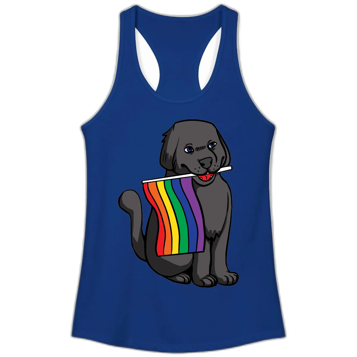 Illustration of a happy gray dog with blue eyes holding a rainbow pride flag in its mouth against a gray background in Solid Royal