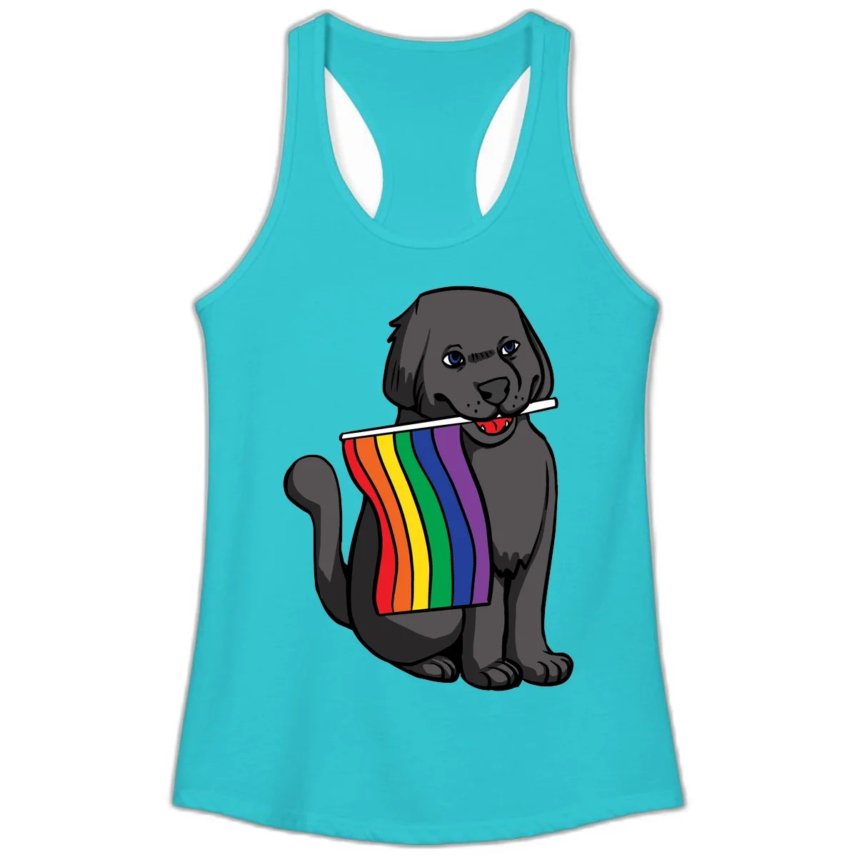 Illustration of a happy gray dog with blue eyes holding a rainbow pride flag in its mouth against a gray background in Solid Tahiti Blue