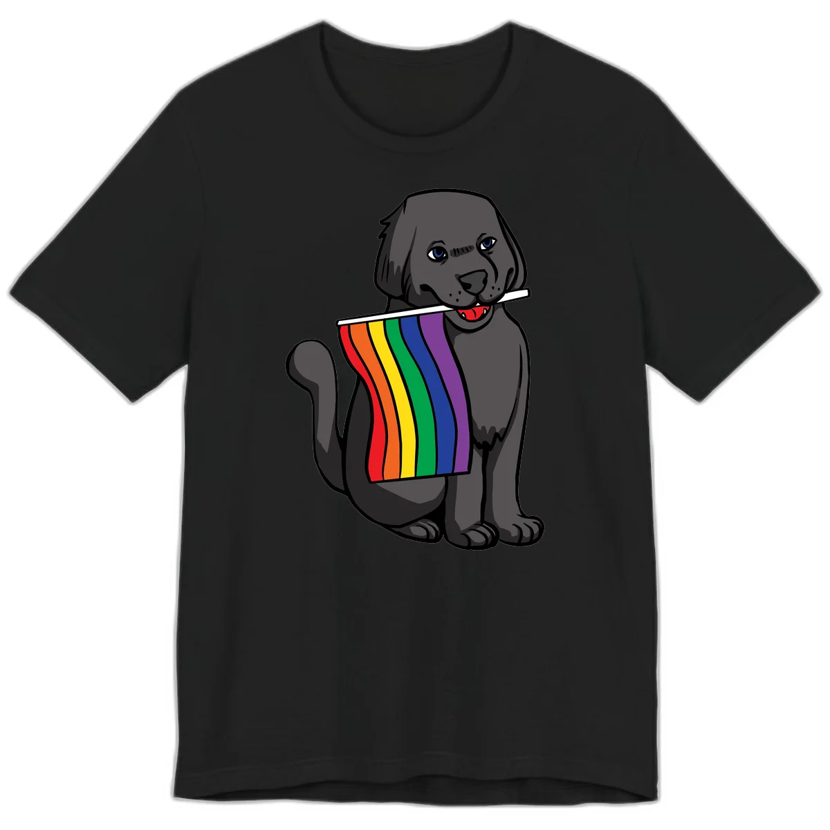 Illustration of a happy gray dog with blue eyes holding a rainbow pride flag in its mouth against a gray background in Black