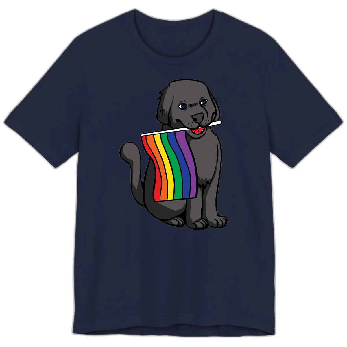 Illustration of a happy gray dog with blue eyes holding a rainbow pride flag in its mouth against a gray background in Navy