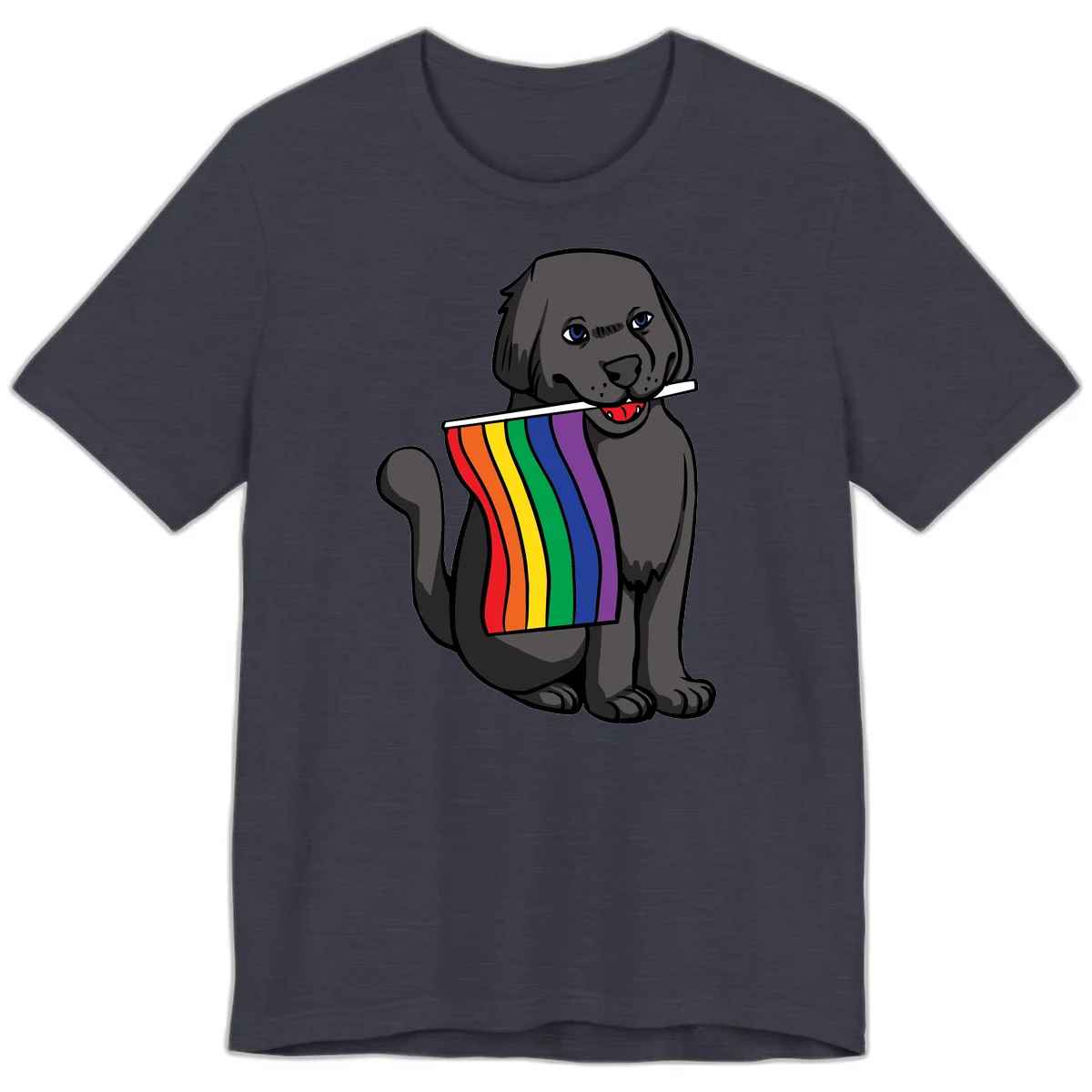 Illustration of a happy gray dog with blue eyes holding a rainbow pride flag in its mouth against a gray background in Heather Midnight Navy