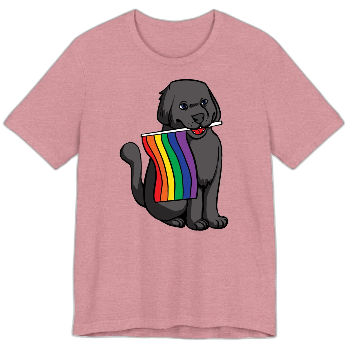 Illustration of a happy gray dog with blue eyes holding a rainbow pride flag in its mouth against a gray background in Heather Orchid