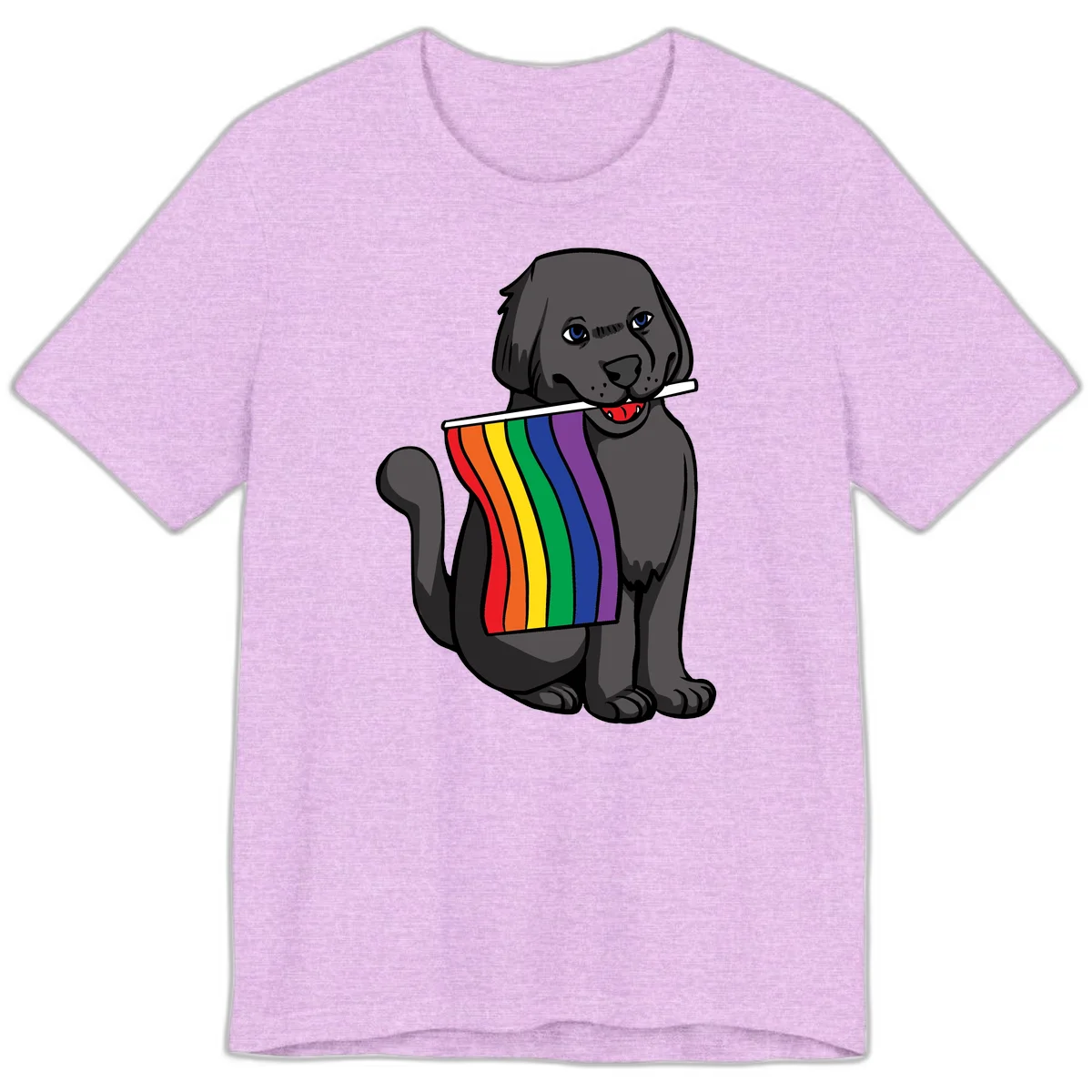 Illustration of a happy gray dog with blue eyes holding a rainbow pride flag in its mouth against a gray background in Heather Prism Lilac