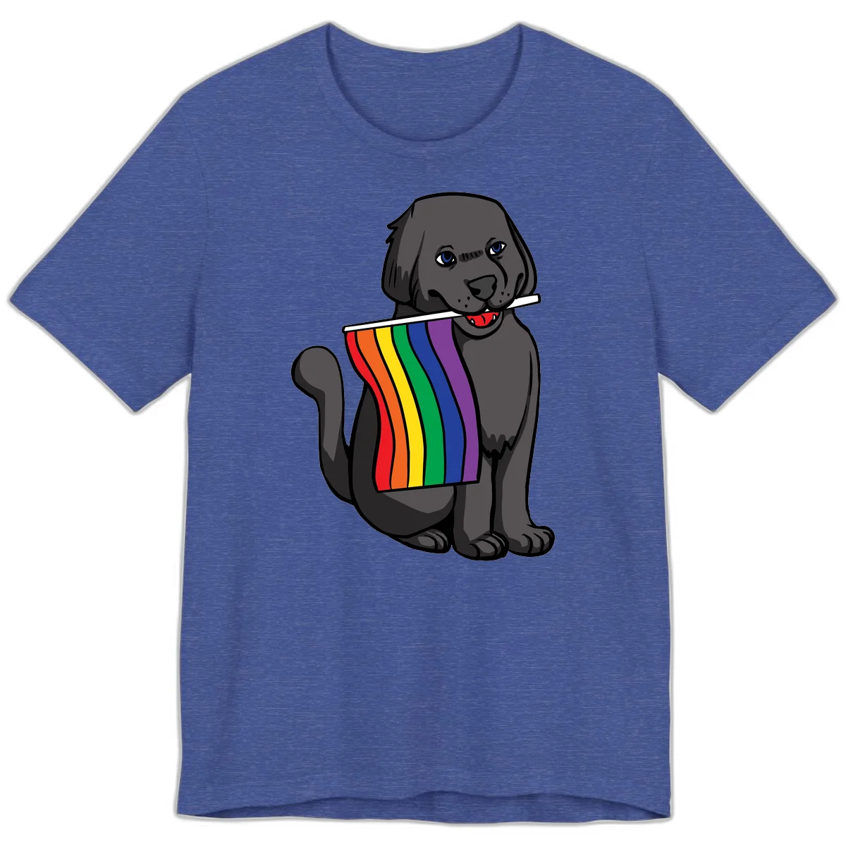 Illustration of a happy gray dog with blue eyes holding a rainbow pride flag in its mouth against a gray background in Heather True Royal