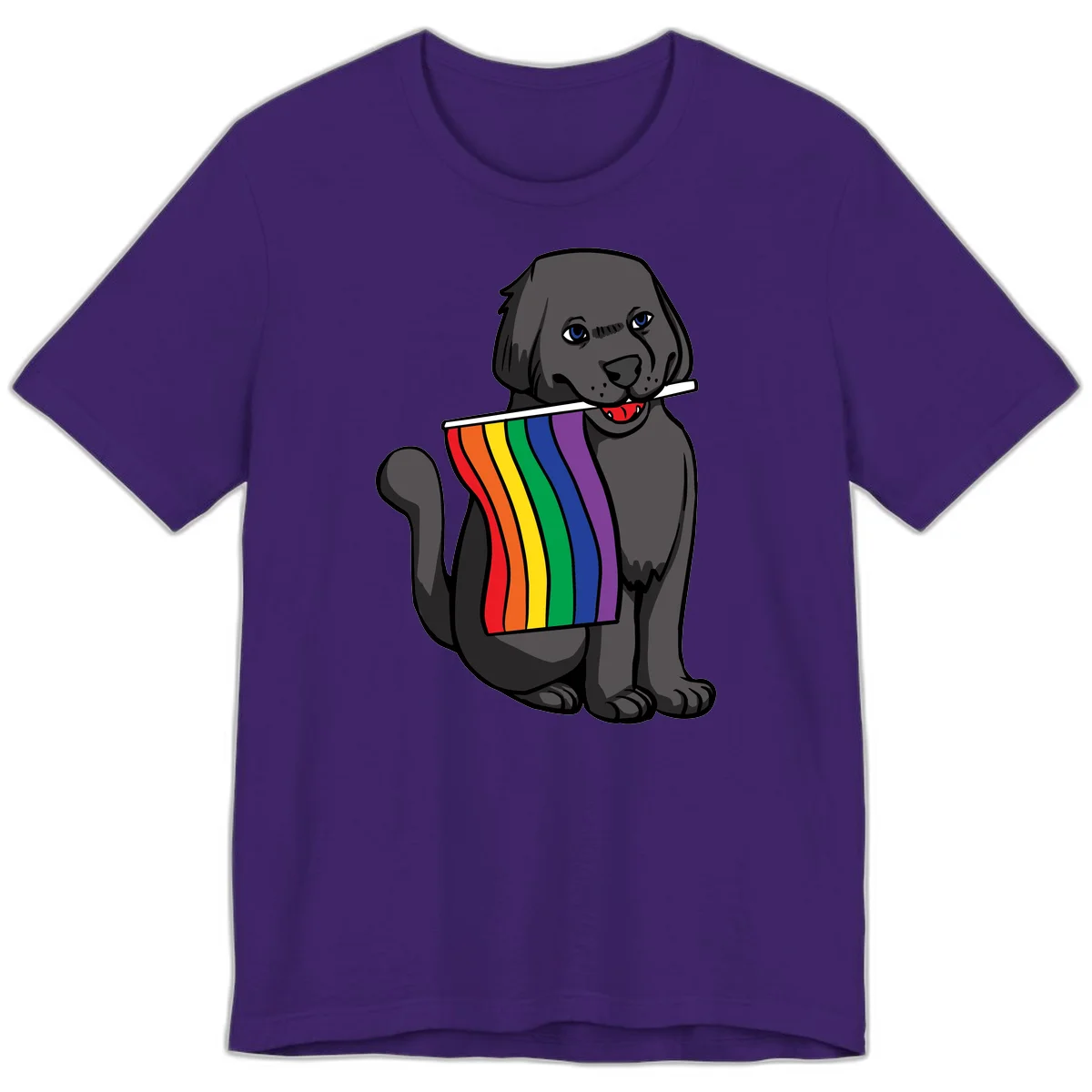 Illustration of a happy gray dog with blue eyes holding a rainbow pride flag in its mouth against a gray background in Team Purple