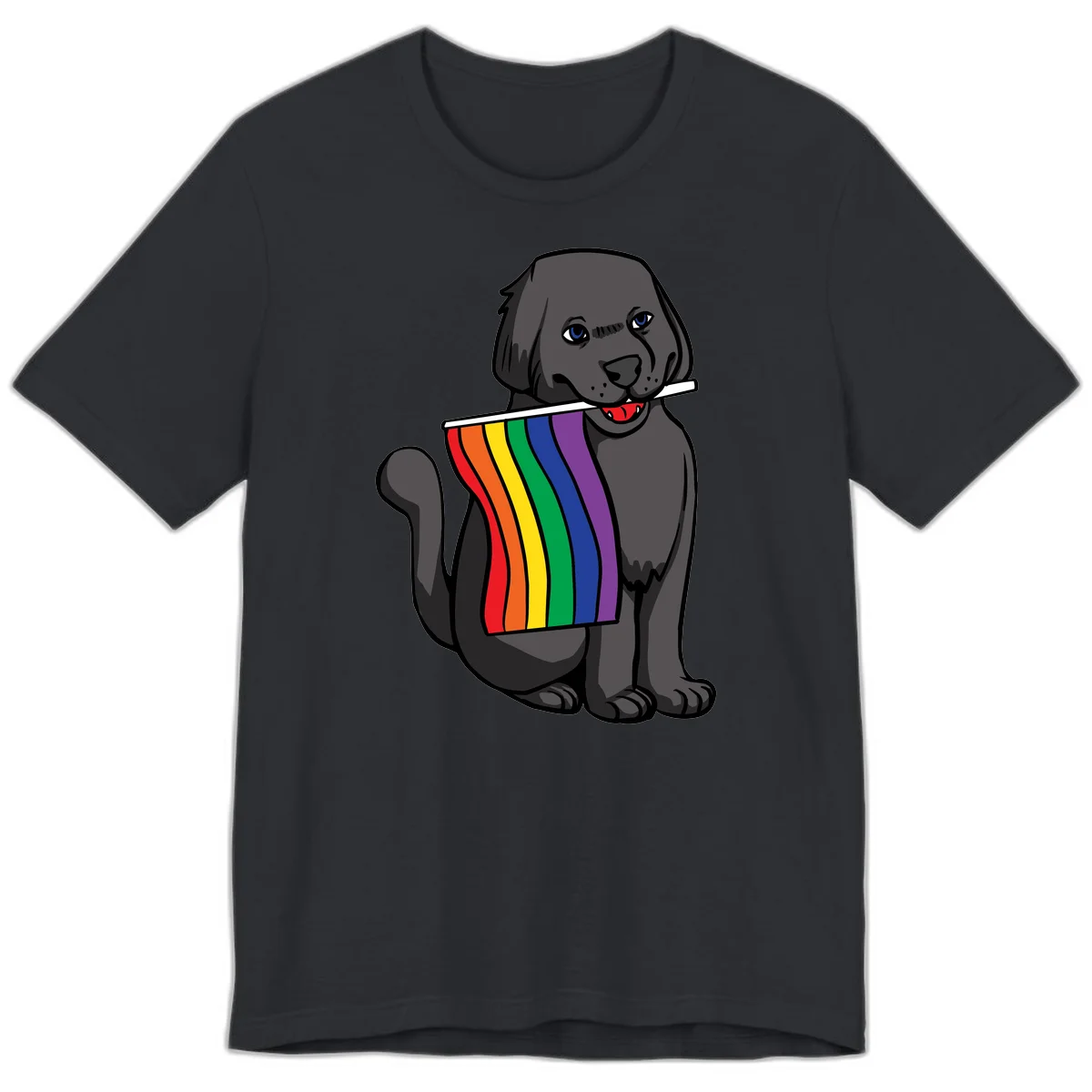 Illustration of a happy gray dog with blue eyes holding a rainbow pride flag in its mouth against a gray background in Vintage Black