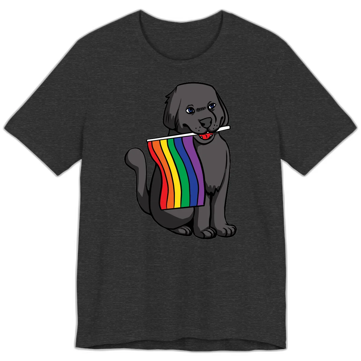 Illustration of a happy gray dog with blue eyes holding a rainbow pride flag in its mouth against a gray background in Dark Grey Heather