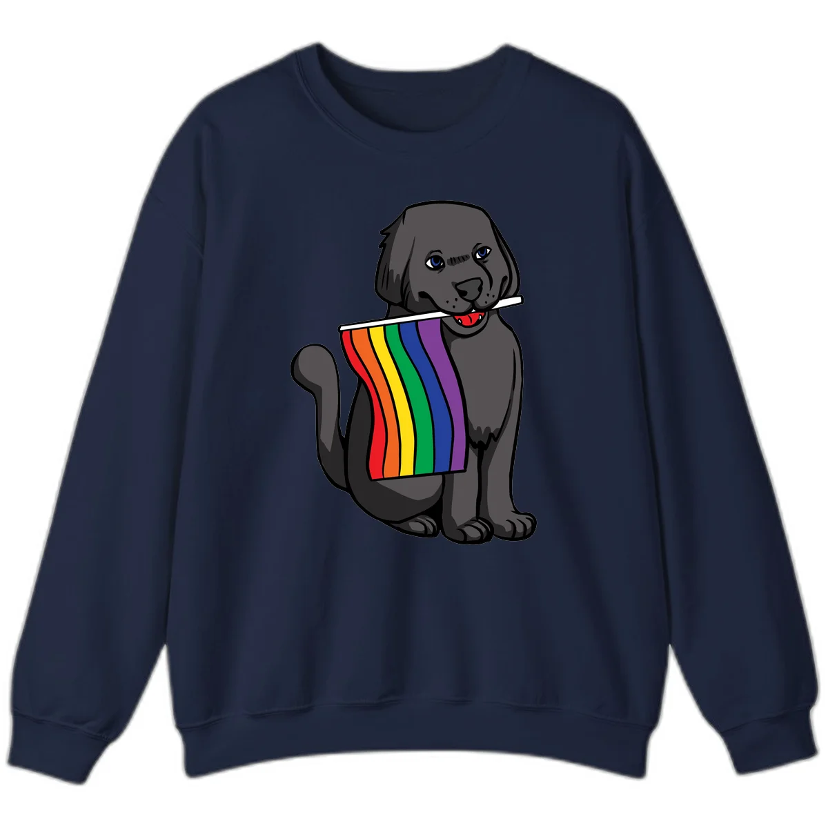 Illustration of a happy gray dog with blue eyes holding a rainbow pride flag in its mouth against a gray background in Navy