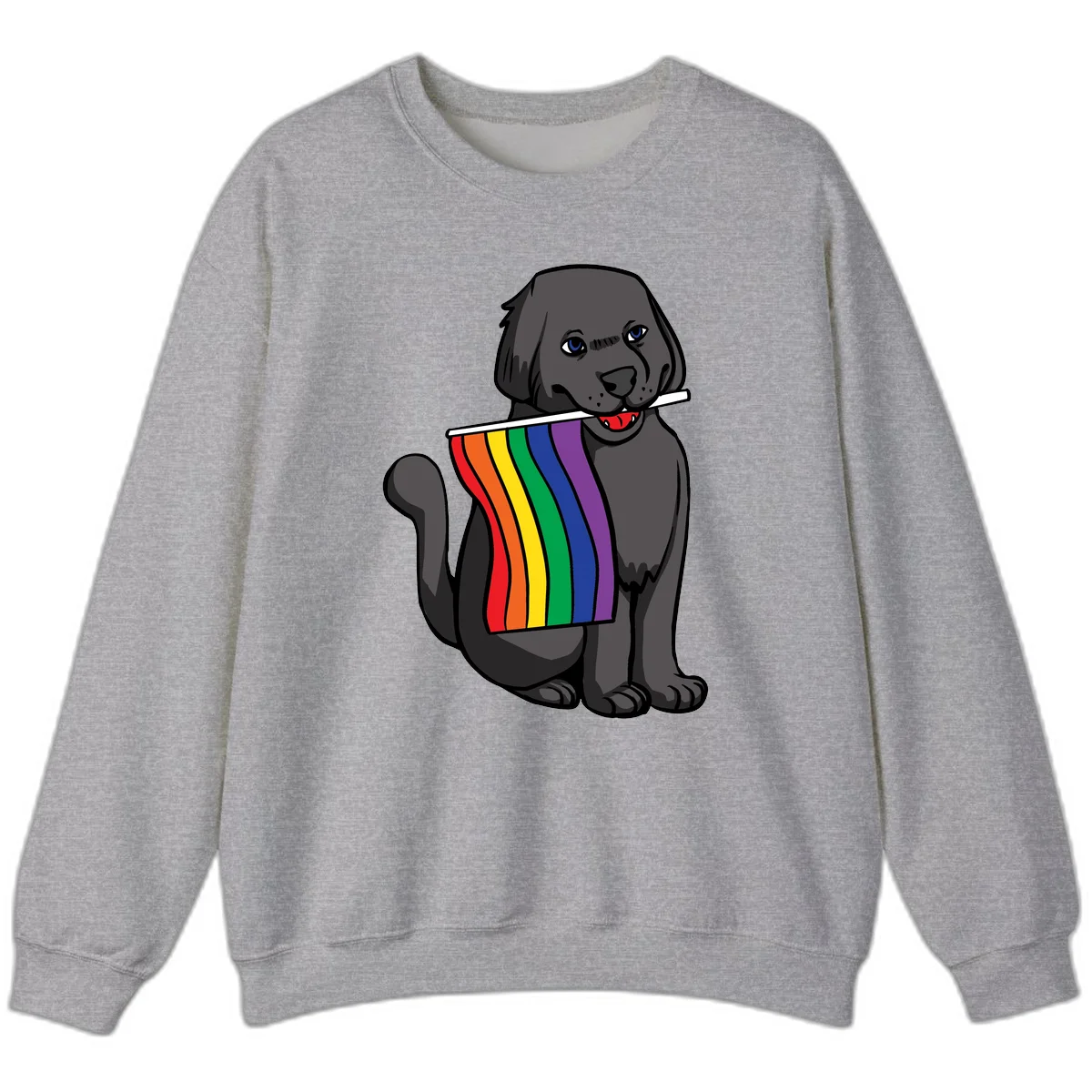 Illustration of a happy gray dog with blue eyes holding a rainbow pride flag in its mouth against a gray background in Sport Grey