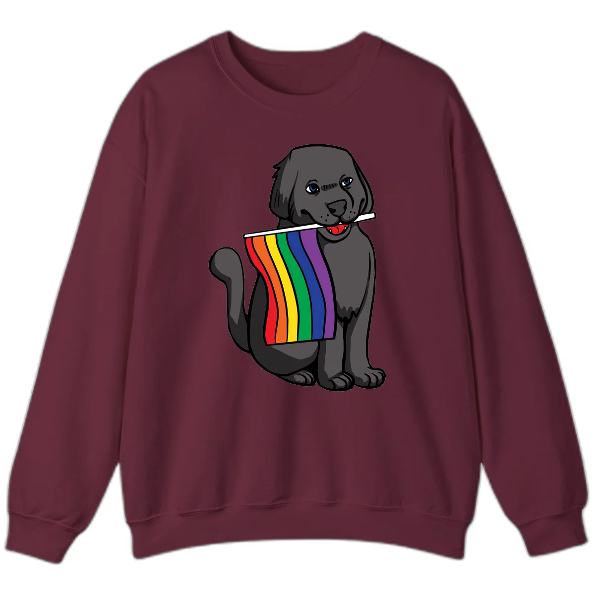 Illustration of a happy gray dog with blue eyes holding a rainbow pride flag in its mouth against a gray background in Maroon