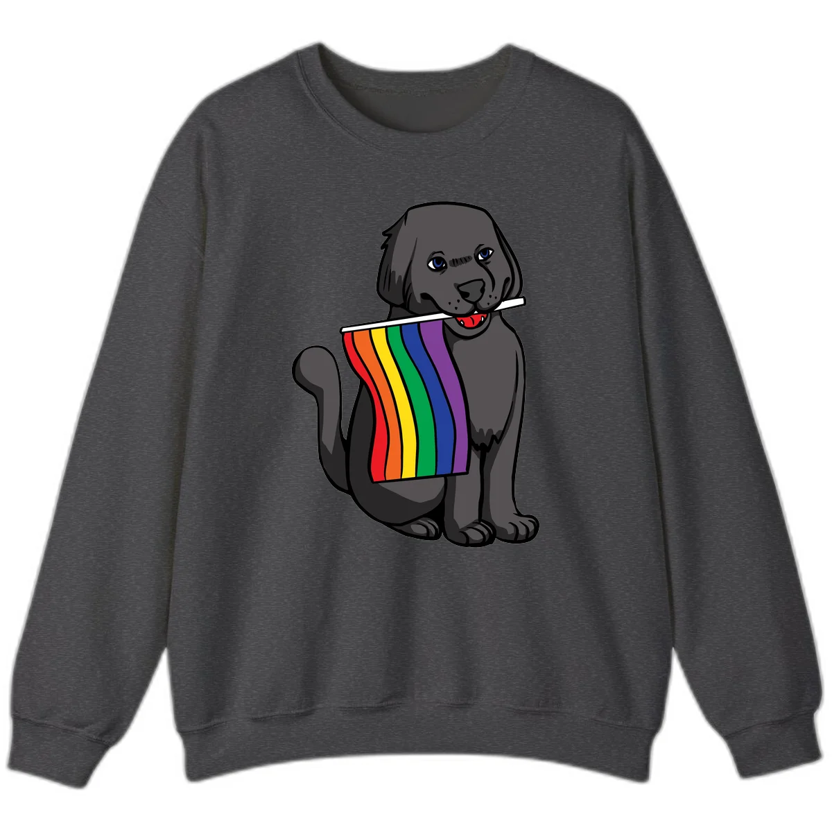 Illustration of a happy gray dog with blue eyes holding a rainbow pride flag in its mouth against a gray background in Dark Heather