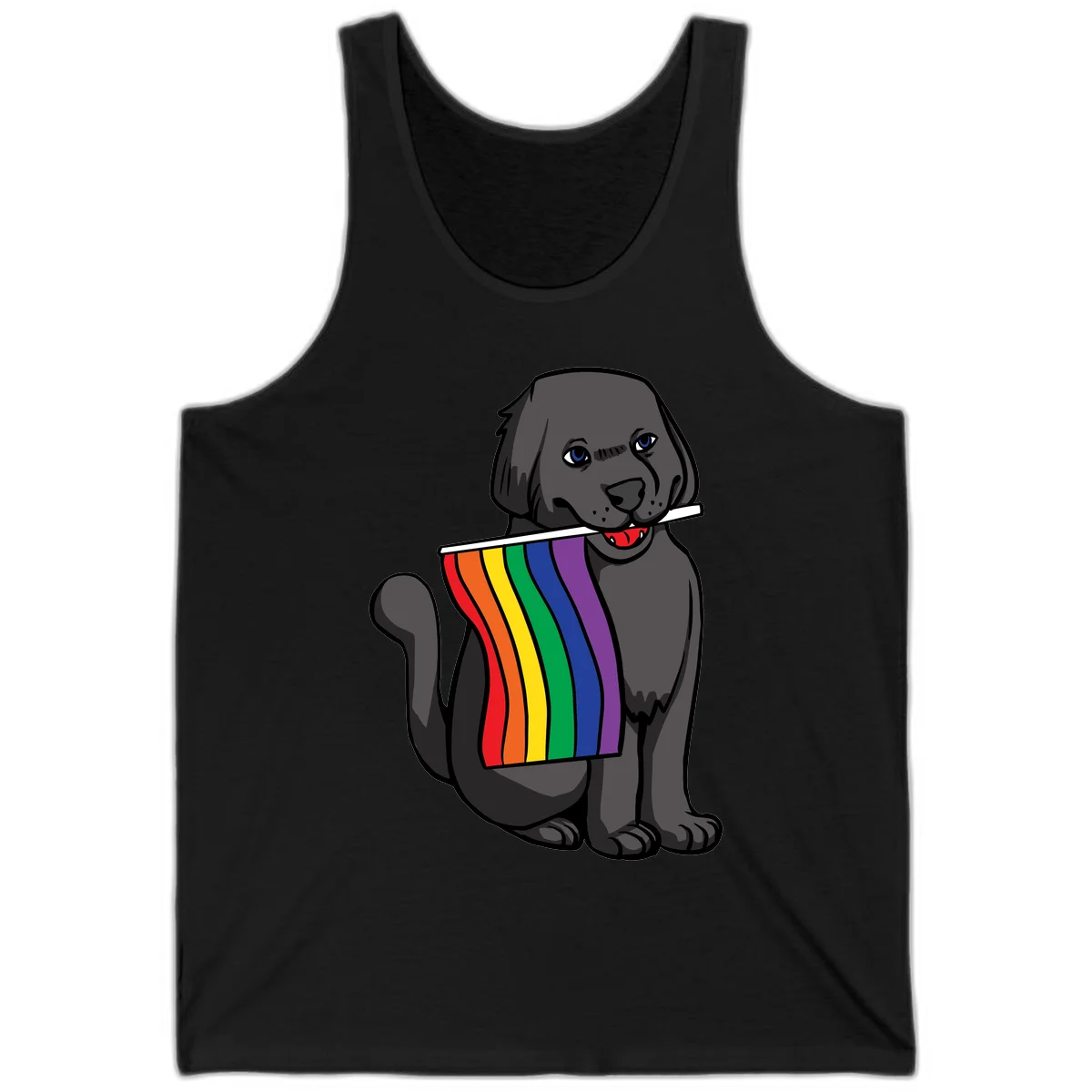 Illustration of a happy gray dog with blue eyes holding a rainbow pride flag in its mouth against a gray background in Black
