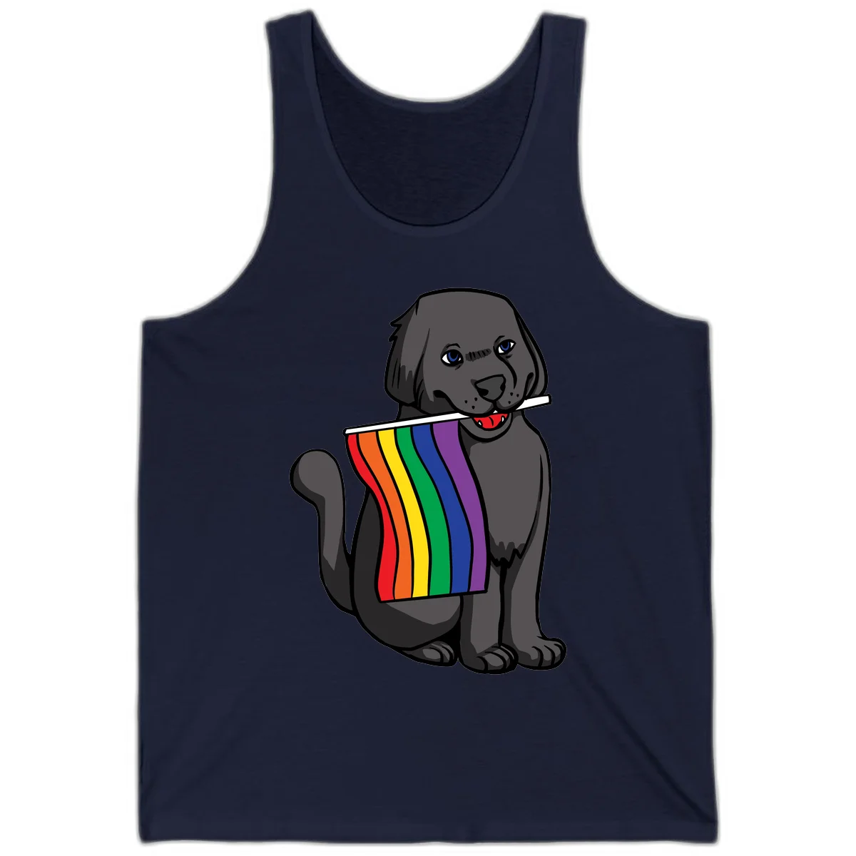 Illustration of a happy gray dog with blue eyes holding a rainbow pride flag in its mouth against a gray background in Navy