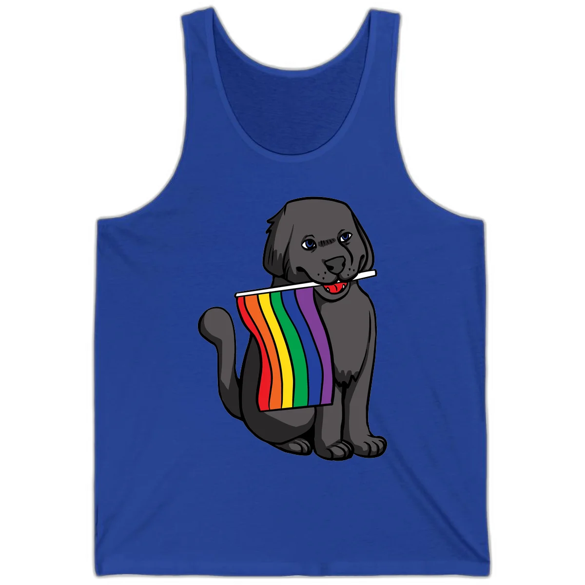 Illustration of a happy gray dog with blue eyes holding a rainbow pride flag in its mouth against a gray background in True Royal