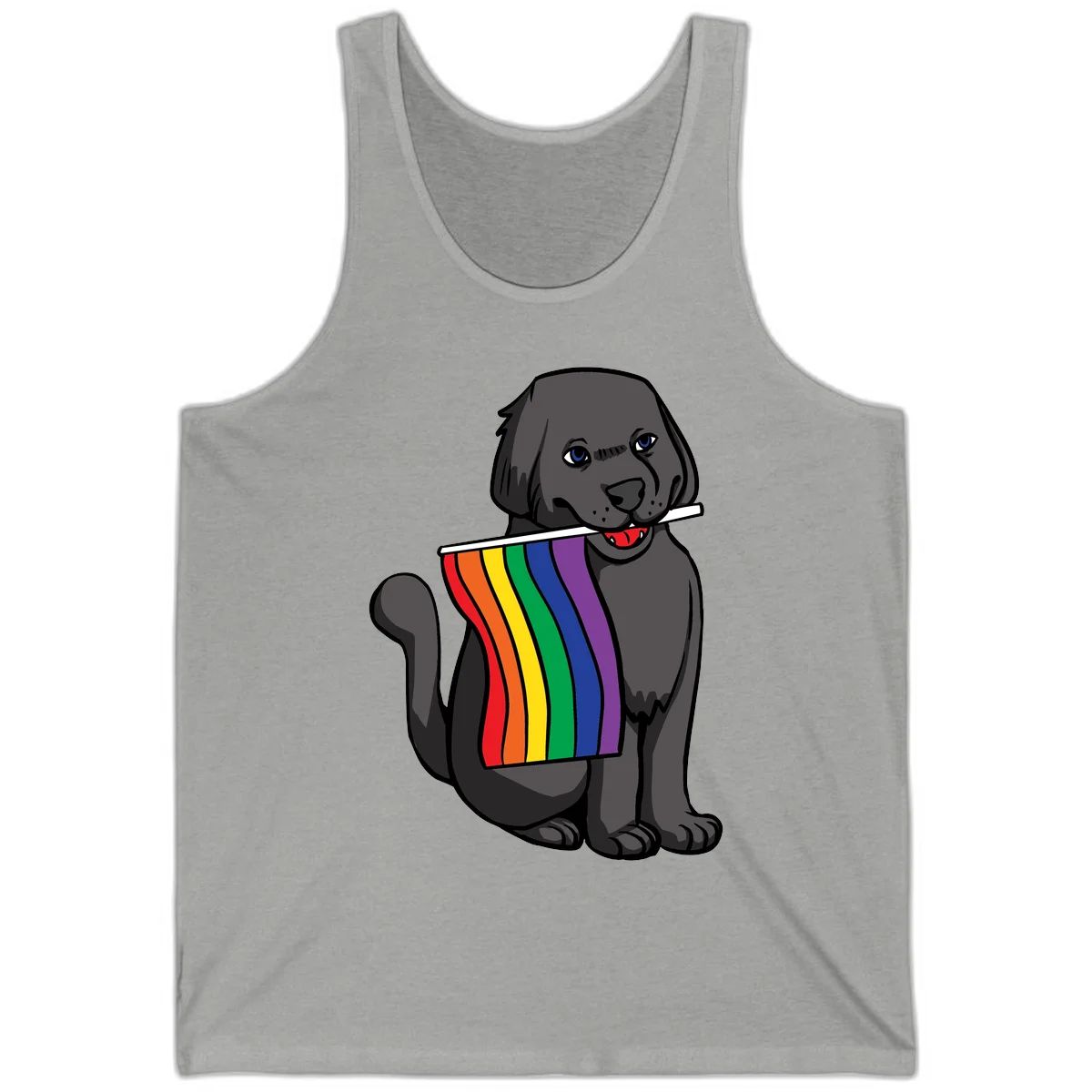 Illustration of a happy gray dog with blue eyes holding a rainbow pride flag in its mouth against a gray background in Athletic Heather