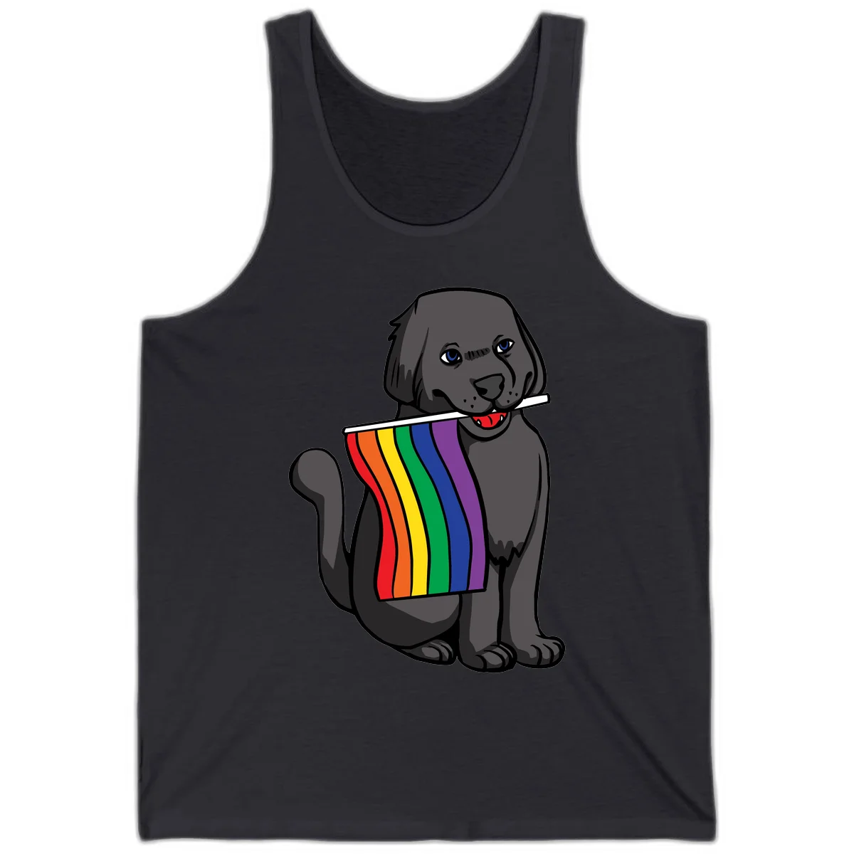 Illustration of a happy gray dog with blue eyes holding a rainbow pride flag in its mouth against a gray background in Dark Grey