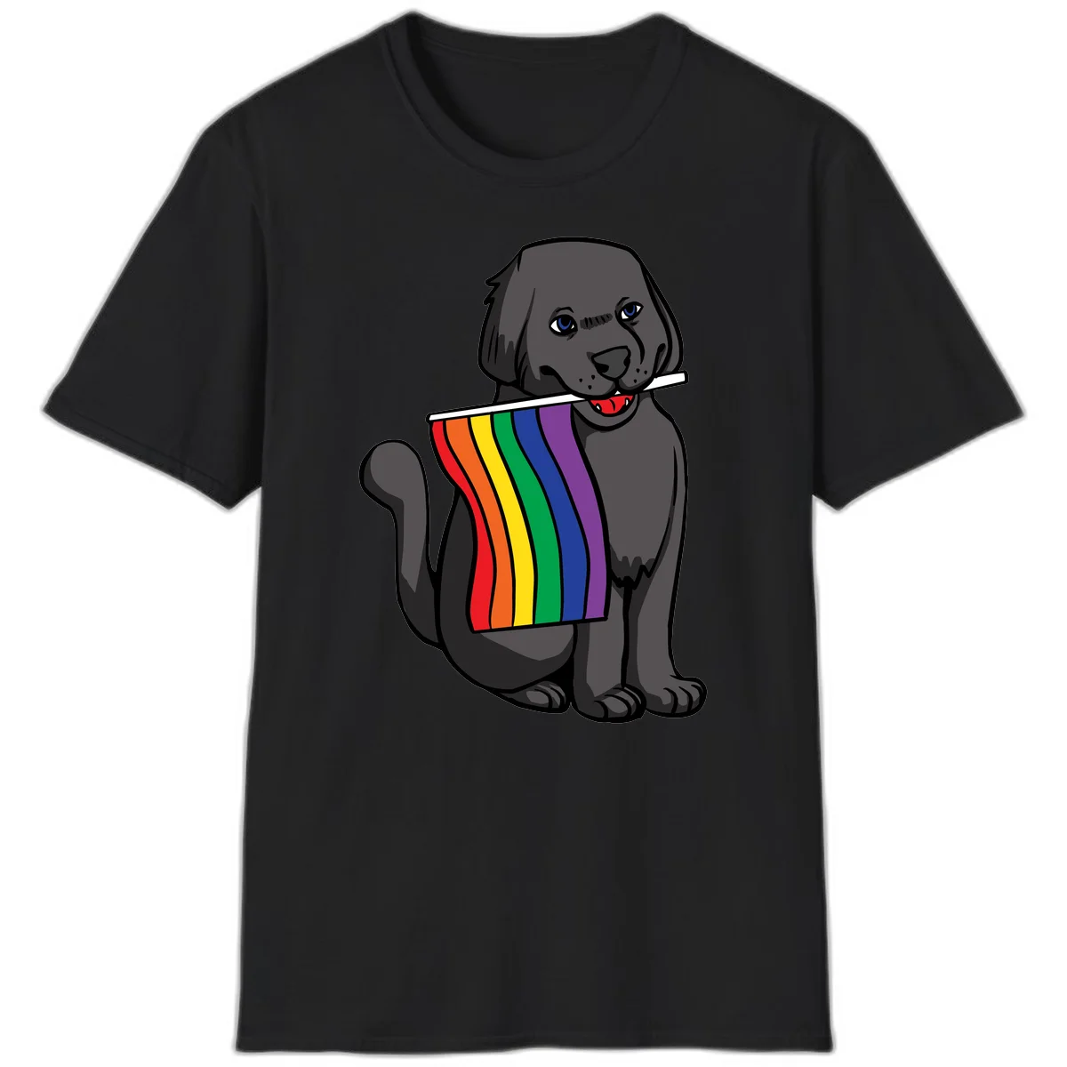 Illustration of a happy gray dog with blue eyes holding a rainbow pride flag in its mouth against a gray background in Black