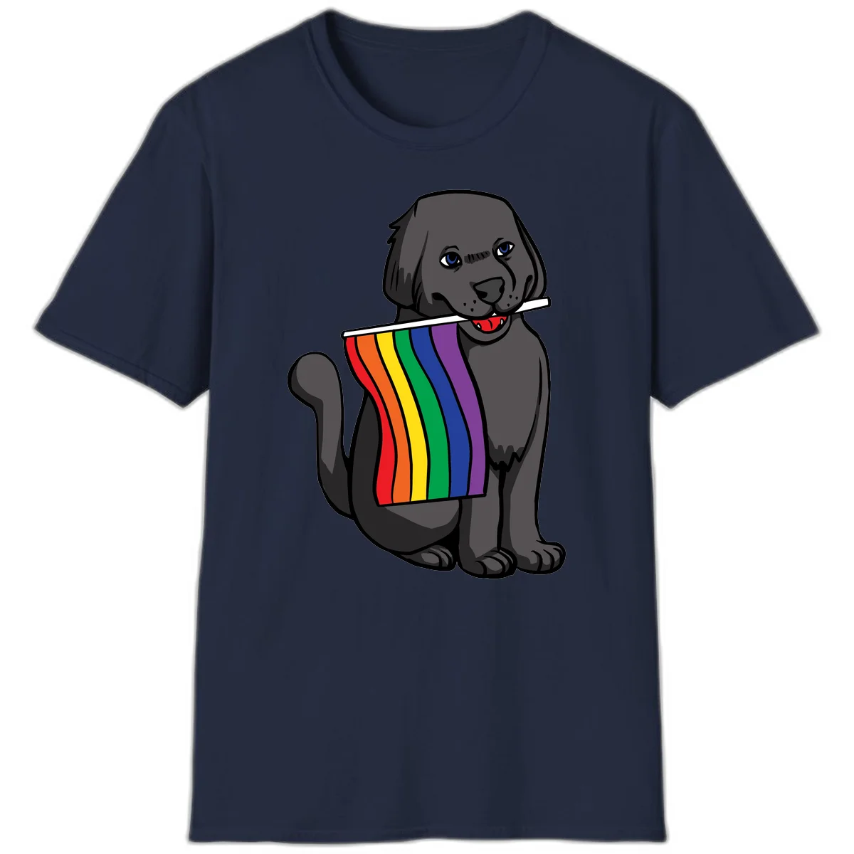 Illustration of a happy gray dog with blue eyes holding a rainbow pride flag in its mouth against a gray background in Navy