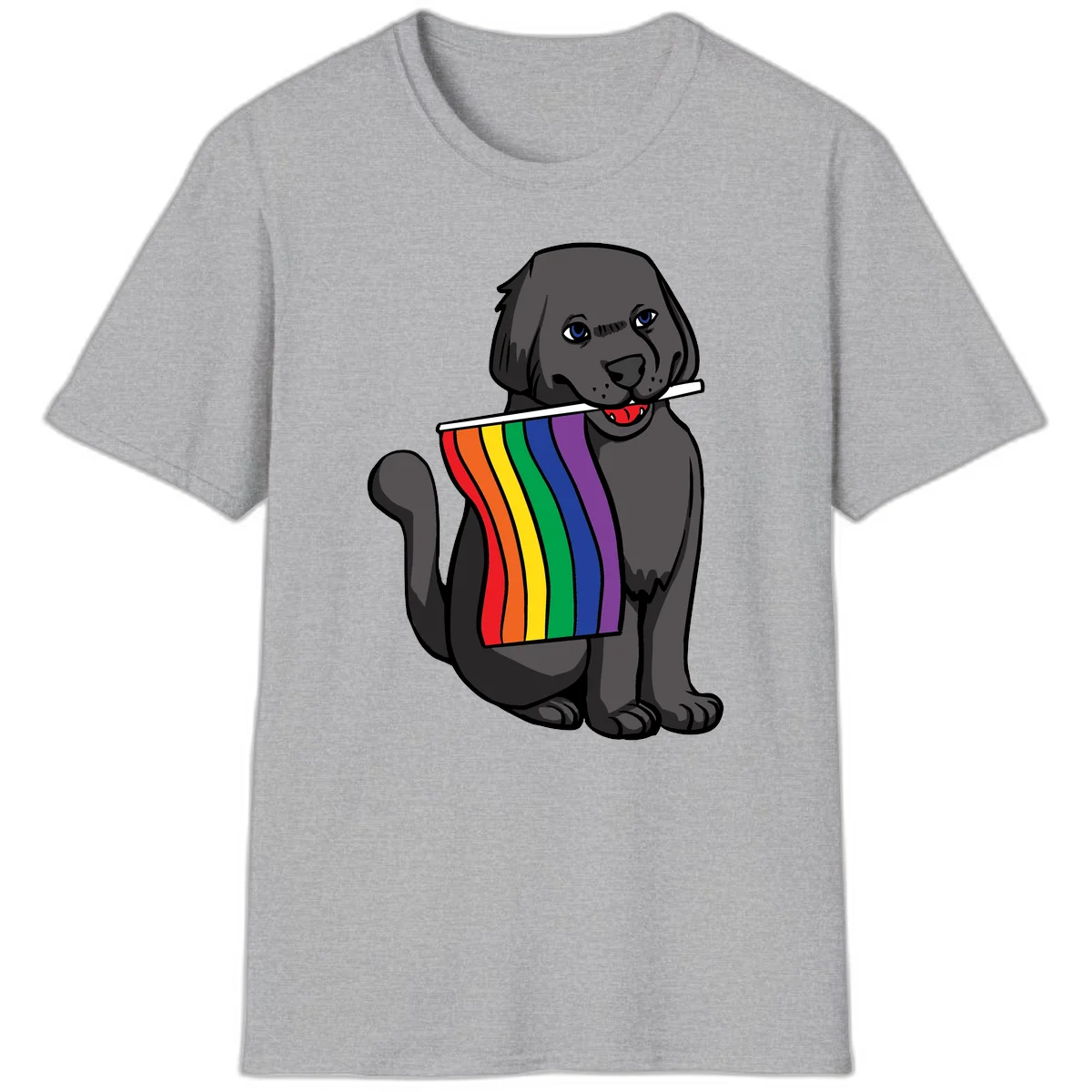 Illustration of a happy gray dog with blue eyes holding a rainbow pride flag in its mouth against a gray background in Sport Grey