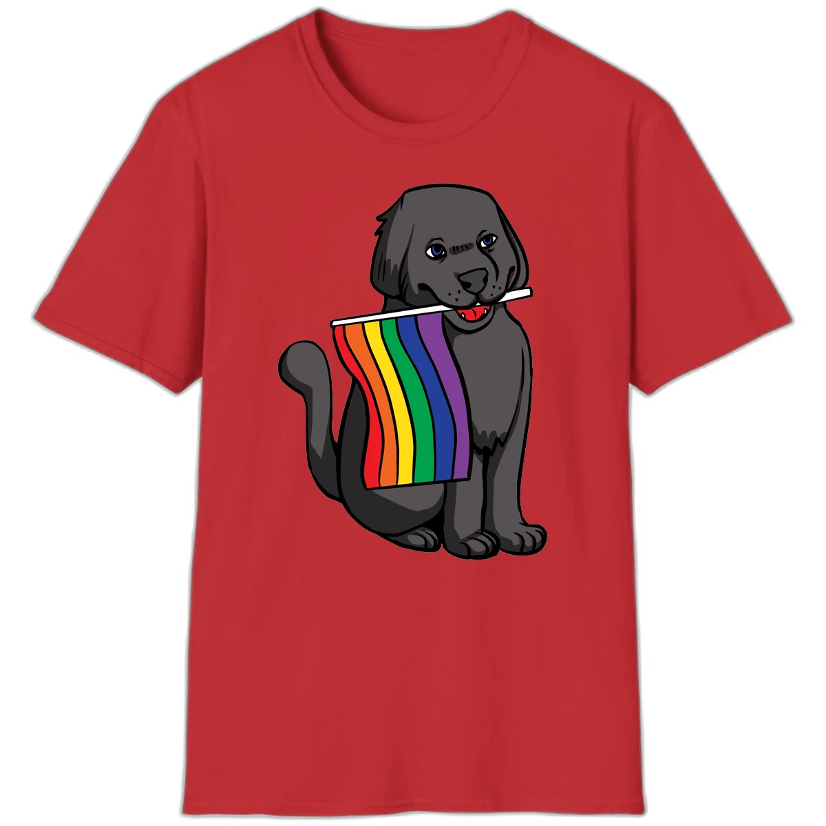 Illustration of a happy gray dog with blue eyes holding a rainbow pride flag in its mouth against a gray background in Red