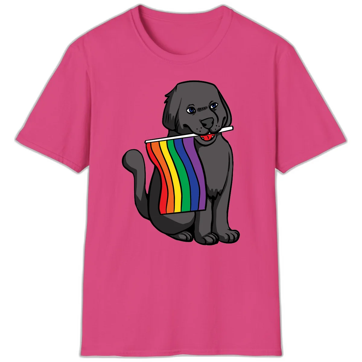 Illustration of a happy gray dog with blue eyes holding a rainbow pride flag in its mouth against a gray background in Heliconia
