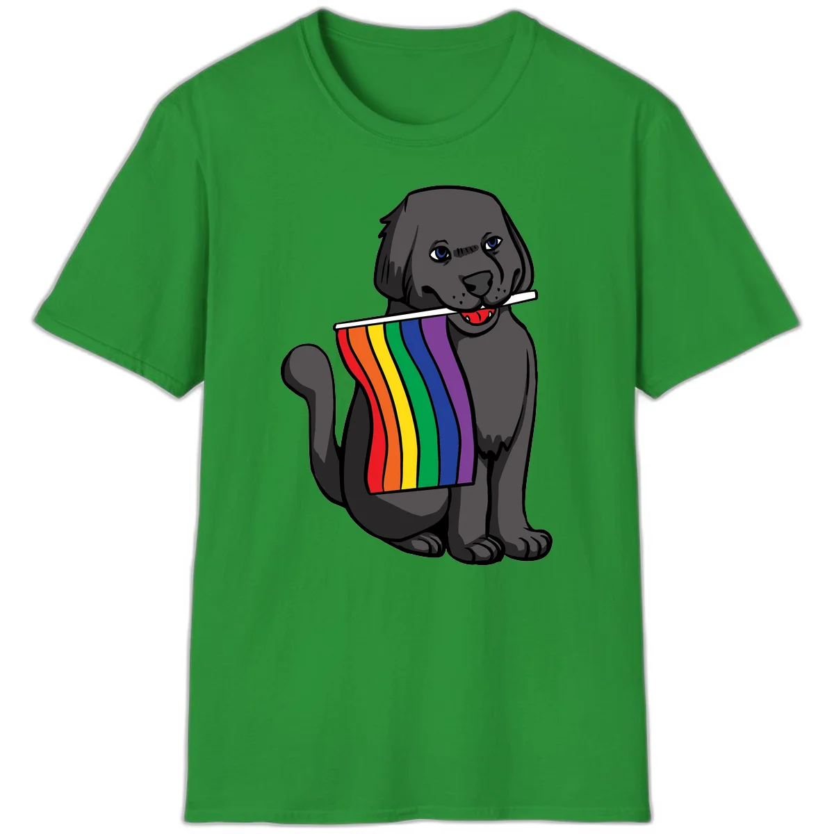 Illustration of a happy gray dog with blue eyes holding a rainbow pride flag in its mouth against a gray background in Irish Green